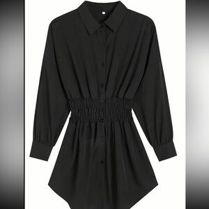 Black Button-Up Dress with Cinched Waist